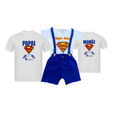 Roupa Conjunto Fantasia Super Man Heroi + Camiseta Pai E Mãe