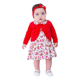 Roupa De Bebe Vestido Menina C/ Bolero E Tiara 100% Algodão