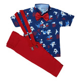 Roupa Festa Menino Baby Shark Camisa Bebê Calça Suspensório 