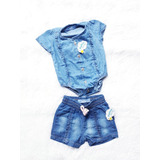 Roupa Infantil Bebê - Body Camisa E Short Jeans