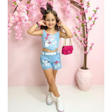 Roupa Menina Conjunto Croped Shorts E Calça Jeans Infantil 
