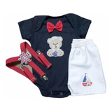 Roupa Para Bebê Conjunto Suspensório Ursinho Marinheiro Azul