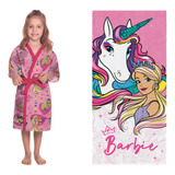Roupão Barbie Infantil Aveludado+toalha De Banho-lepper Prem