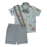 Safari Roupa Festa Menino Bermuda E Suspensório, Camisa Social Temática Infantil Safári