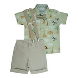 Safari Roupa Festa Mickey Safári Verde Menino Conjunto Social Camisa Temática, Bermuda Com Suspensório Infantil 