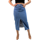 Saia Be Free Jeans Midi Com Abertura Feminina
