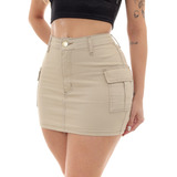 Saia Cargo Bege Feminina Cintura Alta Premium