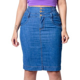 Saia Comprida Jeans Com Lycra E Lastex Moda Evangélica 4049
