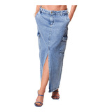 Saia Feminina Jeans Cargo Longa Índigo Sawary