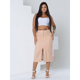 Saia Feminina Midi Fenda E Bolso Frontal Moderna Versátil