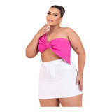 Saia Jeans Branca Plus Size Com Strass Brilho Cintura Alta