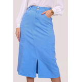 Saia Jeans Color Longuete Azul Joyaly Moda Evangélica 12544