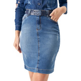 Saia Jeans Denim Com Cinto 12721 Joyaly Moda Evangélica