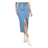 Saia Jeans Feminina Midi Cintura Alta