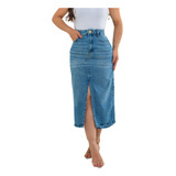 Saia Jeans Fenda Midi Cintura Alta Longa Abertura Frontal