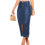 Saia Jeans Maxi Midi Comprida Até O Tornozelo Cintura Alta