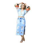 Saia Jeans Midi Abertura Com Zíper Moda Feminina