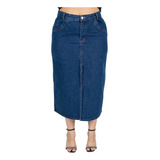 Saia Jeans Midi Abertura Fenda Plus