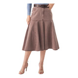 Saia Jeans Midi Color Marrom 12560 Joyaly Moda Evangélica