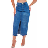 Saia Jeans Midi Com Fenda Frontal Cintura Alta