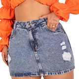 Saia Jeans Plus Size Feminina Barra Feita Clara Cintura Alta