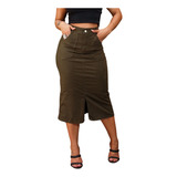 Saia Lápis Midi Jeans Sarja Com Fenda Frontal 