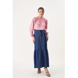 Saia Longa Jeans Com Babado 12536 Joyaly Moda Evangélica
