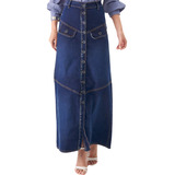 Saia Longa Jeans Evasê Botões 12530 Joyaly Moda Evangélica