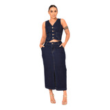 Saia Longa Jeans Fenda Feminina Adulto.