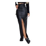 Saia Midi Cargo Couro Fenda Frontal Bolso Lateral Courino