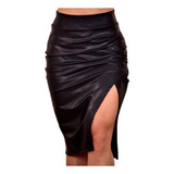 Saia Midi Com Fenda Lateral Couro Fake Franzido Cirre