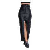 Saia Midi Couro Bolso Lateral Fenda Frontal Botão Envio 24h