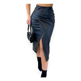 Saia Midi Couro Eco Drapeada Fenda E Zíper Lateral Feminina