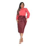 Saia Midi Couro Eco Moda Evangélica Lacinho E Fenda Lateral 