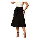 Saia Midi De Linho Com Bolsos Acompanha Cinto