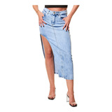 Saia Midi Feminina Jeans Abertura Lateral