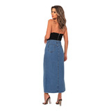 Saia Midi Jeans Com Abertura Na