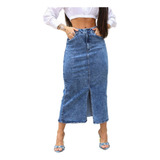 Saia Midi Lápis Jeans Com Abertura Na Frente Moda Evangélica