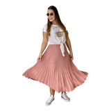 Saia Plissada Plissê Midi Evangélica Chiffon Feminina Moda