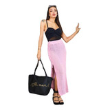 Saia Tricot Saida De Praia Crochê Longa Fenda Cintura Alta
