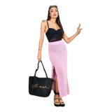 Saia Tricot Saida De Praia Crochê Longa Fenda Cintura Alta
