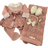Saida De Maternidade De Menina Vestido Rosê Tricot 6 Pecas