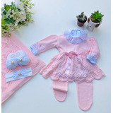 Saída De Maternidade Menina Rosa Bebê Vestido 6 Peças Tricot