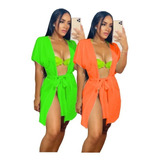 Saida De Praia Curta Kimono De Amarrar Seca Rápido Kit C/2