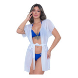 Saida De Praia Curta Kimono Feminino De Amarrar Seca Rápido