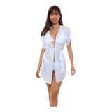 Saída De Praia Elegante Kimono Vestido Curto Branco Leve