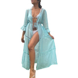 Saída De Praia Kimono Vestido Longa Acinturada Luxo Verão