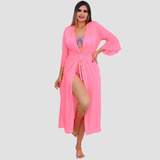Saída De Praia Longa Vestido Cangas Manga Kimono Luxo Pareô