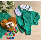 Saída Maternidade De Menino Tricô Verde Urso Gravata Bebê