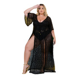 Saída Praia Manga Curta Vestido Longo Com Fendas Plus Size